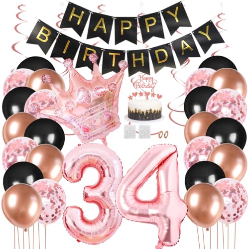 Juland 34. Geburtstag Deko Männer Frauen Schwarz Rose Gold Geburtstagsdeko Mädchen Junge Happy Birthday Banner 34 Jahre Geburtstag Nummer Folienballons Krone Konfetti Luftballons Tortenaufsatz von Juland