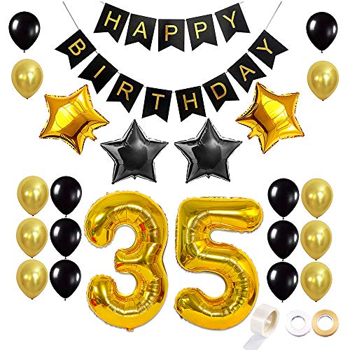 Juland 35. Geburtstag Luftballons Dekoration Happy Birthday Banner Party Zubehör Sets für Männer Boy Folienballons Gold Silber Schwarz Dekor Folienballon Star Latex Ballon von Juland