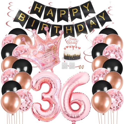 Juland 36. Geburtstag Deko Männer Frauen Schwarz Rose Gold Geburtstagsdeko Mädchen Junge Happy Birthday Banner 36 Jahre Geburtstag Nummer Folienballons Krone Konfetti Luftballons Tortenaufsatz von Juland