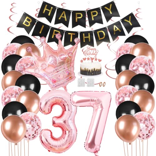 Juland 37. Geburtstag Deko Männer Frauen Schwarz Rose Gold Geburtstagsdeko Mädchen Junge Happy Birthday Banner 37 Jahre Geburtstag Nummer Folienballons Krone Konfetti Luftballons Tortenaufsatz von Juland