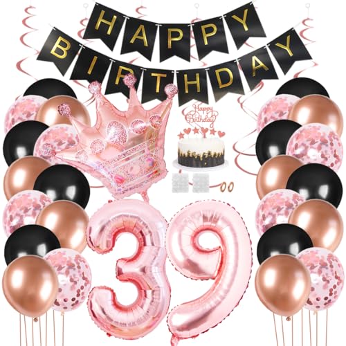 Juland 39. Geburtstag Deko Männer Frauen Schwarz Rose Gold Geburtstagsdeko Mädchen Junge Happy Birthday Banner 39 Jahre Geburtstag Nummer Folienballons Krone Konfetti Luftballons Tortenaufsatz von Juland