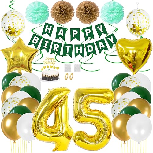 Juland 45. Geburtstag Deko Männer Frauen Grün Gold Geburtstagsdeko Mädchen Junge Happy Birthday Banner 45 Jahre Geburtstag Nummer Folienballons Pompons Konfetti Luftballons Pompons Tortenaufsatz von Juland