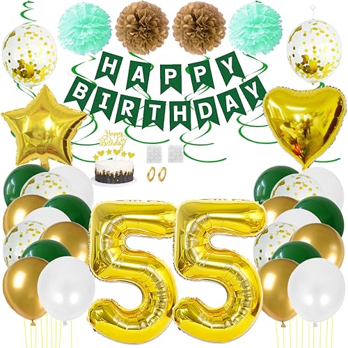 Juland 55. Geburtstag Deko Männer Frauen Grün Gold Geburtstagsdeko Mädchen Junge Happy Birthday Banner 55 Jahre Geburtstag Nummer Folienballons Pompons Konfetti Luftballons Pompons Tortenaufsatz von Juland