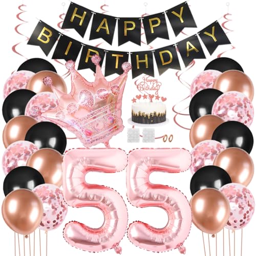 Juland 55. Geburtstag Deko Männer Frauen Schwarz Rose Gold Geburtstagsdeko Mädchen Junge Happy Birthday Banner 55 Jahre Geburtstag Nummer Folienballons Krone Konfetti Luftballons Tortenaufsatz von Juland