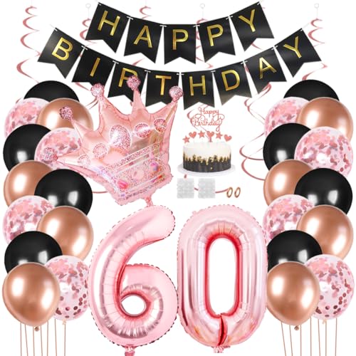 Juland 60. Geburtstag Deko Männer Frauen Schwarz Rose Gold Geburtstagsdeko Mädchen Junge Happy Birthday Banner 60 Jahre Geburtstag Nummer Folienballons Krone Konfetti Luftballons Tortenaufsatz von Juland