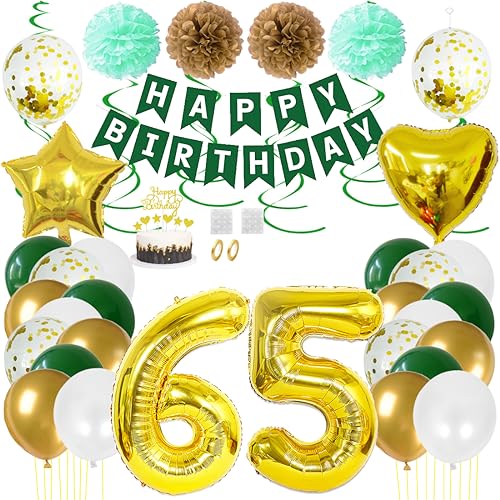 Juland 65. Geburtstag Deko Männer Frauen Grün Gold Geburtstagsdeko Mädchen Junge Happy Birthday Banner 65 Jahre Geburtstag Nummer Folienballons Pompons Konfetti Luftballons Pompons Tortenaufsatz von Juland