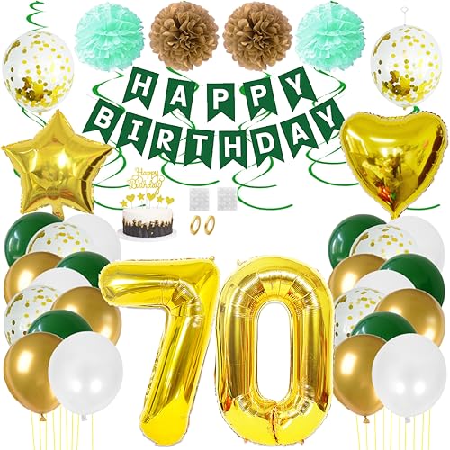 Juland 70. Geburtstag Deko Männer Frauen Grün Gold Geburtstagsdeko Mädchen Junge Happy Birthday Banner 70 Jahre Geburtstag Nummer Folienballons Pompons Konfetti Luftballons Pompons Tortenaufsatz von Juland