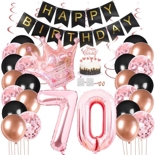 Juland 70. Geburtstag Deko Männer Frauen Schwarz Rose Gold Geburtstagsdeko Mädchen Junge Happy Birthday Banner 70 Jahre Geburtstag Nummer Folienballons Krone Konfetti Luftballons Tortenaufsatz von Juland