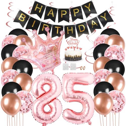 Juland 85. Geburtstag Deko Männer Frauen Schwarz Rose Gold Geburtstagsdeko Mädchen Junge Happy Birthday Banner 85 Jahre Geburtstag Nummer Folienballons Krone Konfetti Luftballons Tortenaufsatz von Juland