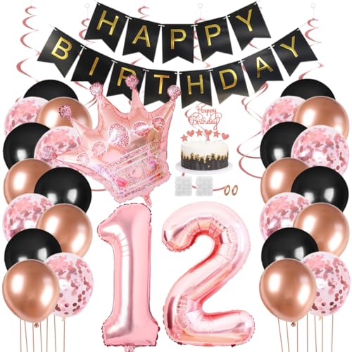 Juland 12. Geburtstag Deko Männer Frauen Schwarz Rose Gold Geburtstagsdeko Mädchen Junge Happy Birthday Banner 12 Jahre Geburtstag Nummer Folienballons Krone Konfetti Luftballons Tortenaufsatz von Juland