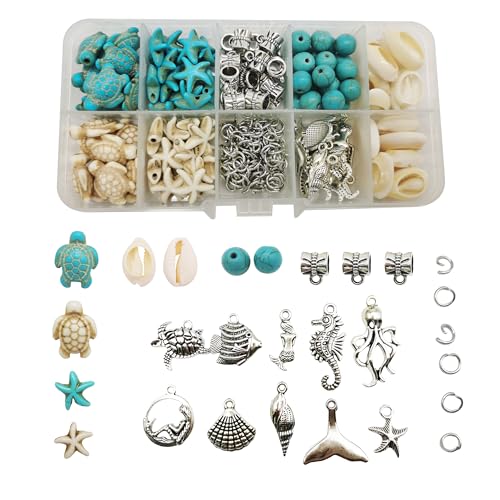 180 Stück Gemischte Türkis Perlen Blau Weiß Silber Seestern Schildkröte Muschel Ozean Charms für Schmuckherstellung Sommer Strand Meer Anhänger Halskette Armband Handwerk DIY Zubehör von Julie Wang