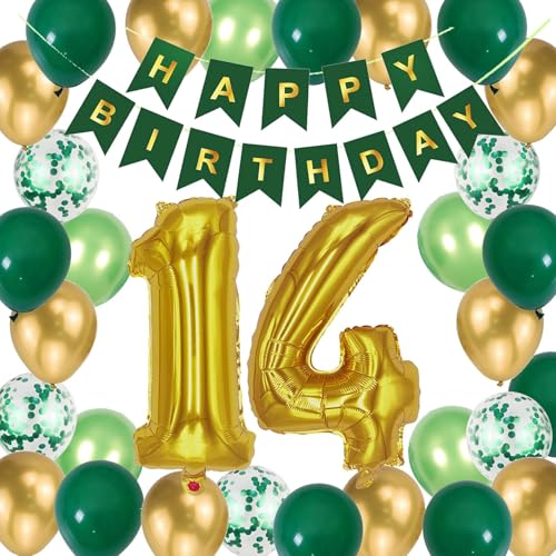 14. Geburtstag Party Dekoration Grün Gold 14. Geburtstag Banner Gold Nummer 14 Geburtstag Folienballons Konfetti Ballons für Jungen Mädchen Ihn Sohn 14 Jahre alt Geburtstag Supplies Dekoration (14. von JumDaQQ