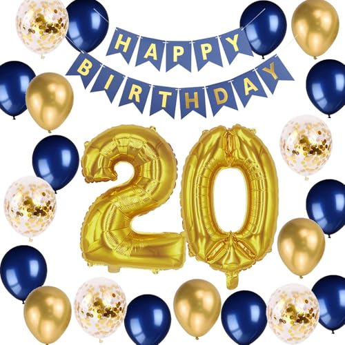 20 Geburtstag Party Dekorationen für Männer, Navy Blau Gold Happy 20th Birthday Banner Nummer 20 Folienballons Metallic Latex Konfetti Ballons für Männer Ihn 20 Jahre Alt Geburtstagsdeko (20th) von JumDaQQ