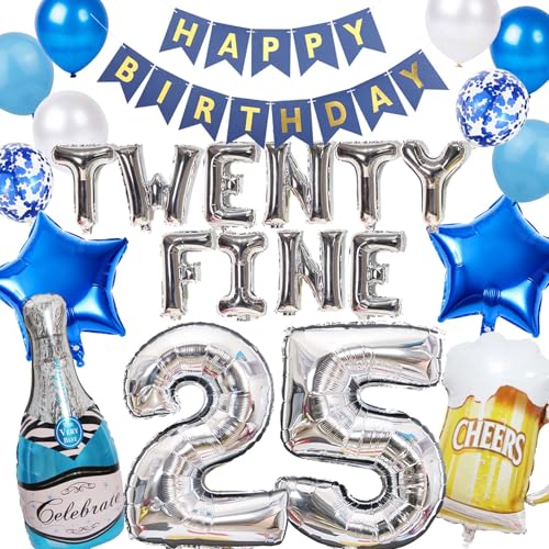 25. Geburtstag Dekorationen, Blau Silber Zwanzig Feine Geburtstag Dekoration 25 Geburtstag Ballon Flasche Bierkrug Stern Folienballons Zubehör für Lustige 25 Jahre alt Geburtstag Männer Frauen (25 von JumDaQQ