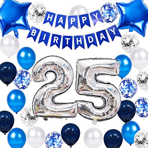 25. Geburtstag Party Dekoration Blau für Ihn, Happy Birthday Banner Blau Nummer 25 Geburtstag Stern Folienballons Latex Konfetti Ballons für Männer Ihn 25 Jahre alt Geburtstagsbedarf (25 von JumDaQQ