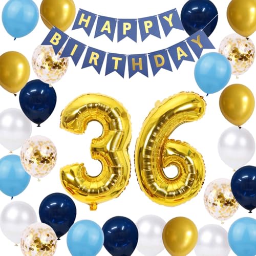 36 Geburtstag Dekorationen Blau Gold für Männer, Happy 36th Birthday Banner Nummer 36 Folienballon Blau Gold Konfetti Latex Ballons für Ihn Männer Ehemann 36 Jahre alt Geburtstag Party Supplies (36th) von JumDaQQ