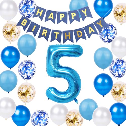 5 Geburtstag Dekorationen für Jungen Mädchen, Blau Gold Happy 5th Birthday Banner Nummer 5 Luftballons 5 Geburtstag Latex Konfetti Ballon für Jungen Ihn Sohn 5 Jahre Alt Geburtstagsdeko (5th) von JumDaQQ