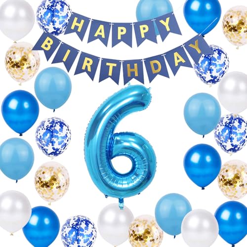 6. Geburtstag Dekorationen für Jungen und Mädchen, Blau Gold Nummer 6 Folienballon Banner für 6. Party Supplies Kind 6 Jahre alt Thema Geburtstag Party Dekorationen (6 von JumDaQQ