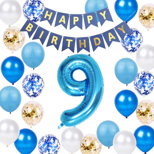 9. Geburtstag Dekorationen für Jungen, Blau Gold 9 Geburtstag Dekoration, 9 Jahre alt Jubiläum Party Supplies, Blau Nummer 9 Ballon Party Supplies für Jungen Mädchen (9. Geburtstag) von JumDaQQ