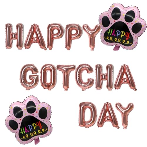 Happy Gotcha Day Dekoration, Roségold Happy Gotcha Day mit rosa Hundepfoten-Folienballons für Hund Katze Gotcha Party, Happy Adoption Day Katze Hund Rettung Adoption Party Supplies 40,6 cm von JumDaQQ