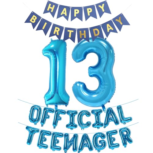 Offizielle Teenager 13. Geburtstag Dekorationen für Jungen und Mädchen, blaues Banner Nummer 13 Geburtstag Folienballons für 13 Jahre alten Geburtstag Jahrestag Supplies Jungen Mädchen (blau) von JumDaQQ