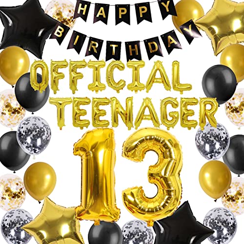 Offizielle Teenager-Dekorationen zum 13. Geburtstag, Schwarz-Gold für Jungen, Happy 13th Birthday Banner Nummer 13 Geburtstag, Konfetti-Ballons für 13. Geburtstag (Schwarzgold) von JumDaQQ