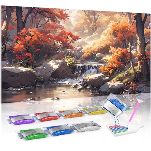 Jumpdot 5D Diamond Painting Bilder DIY Full Groß Bach im Wald Wandbilder Wohnzimmer Diamant-Kunst-Kit 70x40 cm von Jumpdot