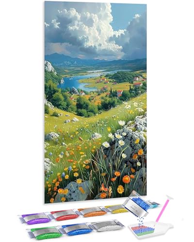 Jumpdot 5D Diamond Painting Bilder DIY Full Groß Bergblumen und Dörfer Wandbilder Wohnzimmer Diamant-Kunst-Kit 70x40 cm von Jumpdot