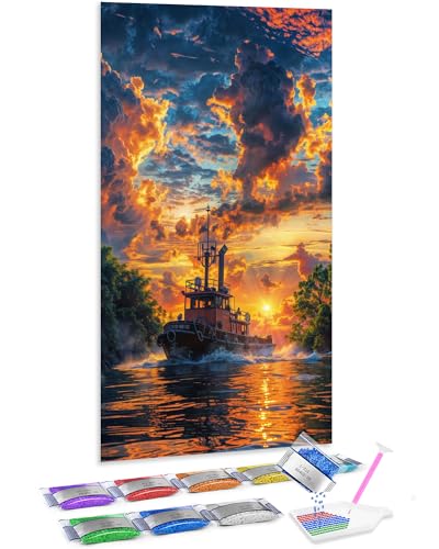 Jumpdot 5D Diamond Painting Bilder DIY Full Groß Sonnenuntergang und Boot Wall Decor Diamant Kunst Kit 70x40 cm von Jumpdot