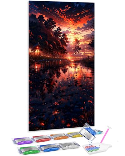 Jumpdot 5D Diamond Painting Bilder DIY Groß Fluss und Sonnenuntergang Haus Dekoration Diamant Kunst Kit 70x40 cm von Jumpdot