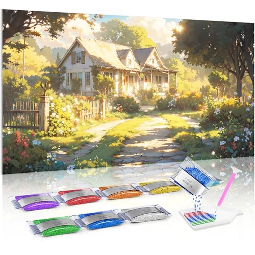 Jumpdot 5D Diamond Painting DIY Full Groß Cottage mit pastoraler Landschaft Wanddekoration Diamant Kunst Kit 70x40 cm von Jumpdot