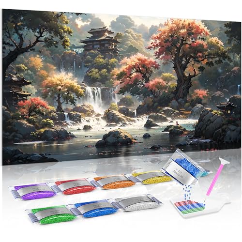 Jumpdot 5D Diamond Painting DIY Full Groß Holzhaus am Wasserfall Haus Dekoration Diamant Kunst Kit 70x40 cm von Jumpdot