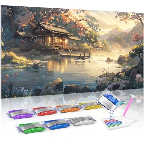 Jumpdot 5D Diamond Painting DIY Full Groß Hüttenlandschaft am Seeufer Home Décor Diamant Kunst Kit 70x40 cm von Jumpdot