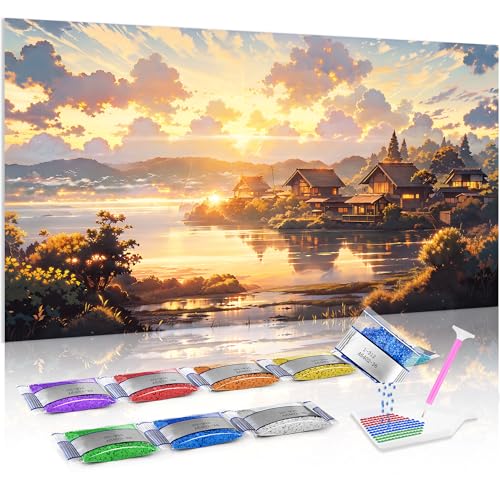 Jumpdot 5D Diamond Painting DIY Full Groß Sonnenuntergang und Dorf Haus Dekoration Diamant Kunst Kit 70x40 cm von Jumpdot