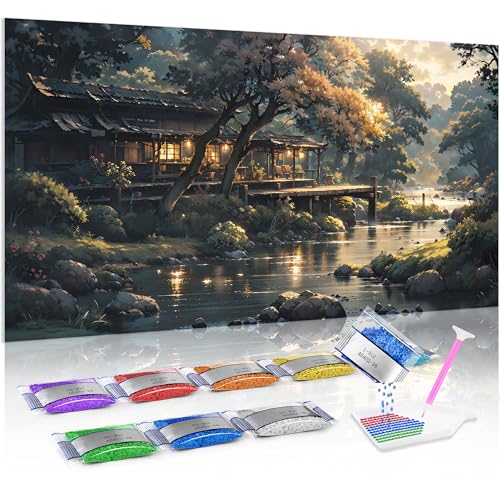 Jumpdot 5D Diamond Painting DIY Groß Abends Hütte am Seeufer Home Décor Diamant Kunst Kit 70x40 cm von Jumpdot