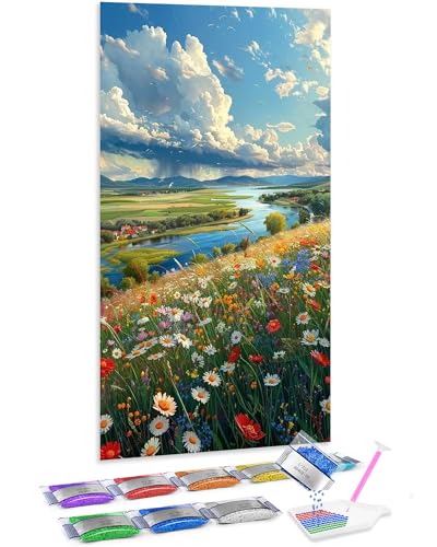 Jumpdot 5D Diamond Painting DIY Groß Bergblumen und Flusslandschaft Wohnzimmer Dekoration Diamant Kunst Kit 70x40 cm von Jumpdot