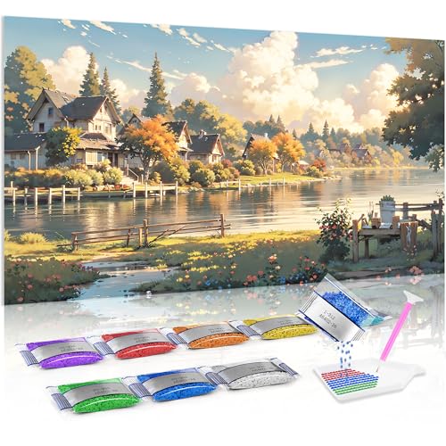 Jumpdot 5D Diamond Painting DIY Groß Stadt am See Indie Room Decor Diamant Kunst Kit 70x40 cm von Jumpdot