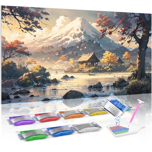 Jumpdot 5D Diamond Painting DIY Groß Verschneite Berge und Holzhütten Schlafzimmer Wohnzimmer Deko Diamant-Kunst-Kit 70x40 cm von Jumpdot