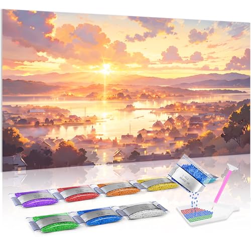 Jumpdot 5D Diamond Painting Set DIY Full Groß Dorf am See Decoration Diamant Kunst Kit 70x40 cm von Jumpdot