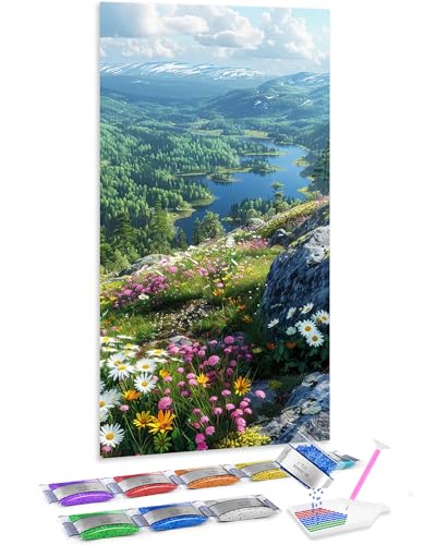 Jumpdot 5D Diamond Painting Set DIY Full Groß Hügel- und Seelandschaft Haus Dekoration Diamant Kunst Kit 70x40 cm von Jumpdot