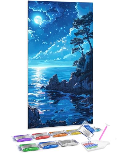 Jumpdot 5D Diamond Painting Set DIY Full Groß Mond- und Küstenfelsen Home Decoration Diamant Kunst Kit 70x40 cm von Jumpdot