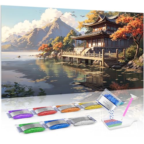 Jumpdot 5D Diamond Painting Set DIY Full Groß Turm und ferne Berglandschaft Dekoration Wohnung Modern Diamant-Kunst-Kit 70x40 cm von Jumpdot