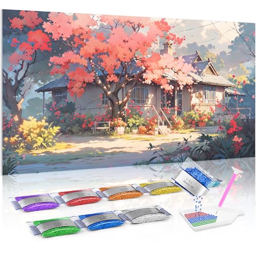 Jumpdot 5D Diamond Painting Set DIY Full Groß großer Baum vor dem Haus Wall Decor Diamant Kunst Kit 70x40 cm von Jumpdot