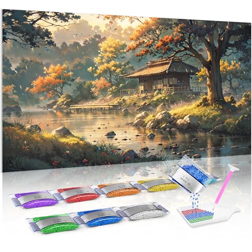 Jumpdot 5D Diamond Painting Set DIY Groß Hütte im Wald Schlafzimmer Wohnzimmer Deko Diamant-Kunst-Kit 70x40 cm von Jumpdot