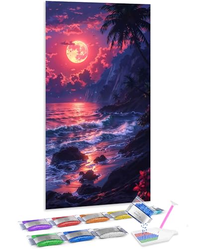 Jumpdot 5D Diamond Painting Set DIY Groß Strand im Mondlicht Wohnzimmer Deko Diamant-Kunst-Kit 70x40 cm von Jumpdot