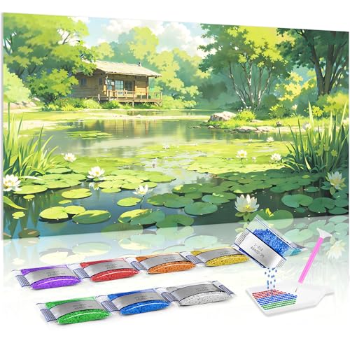 Jumpdot 5D Diamond Painting Set DIY Groß grüner Teich und Holzhaus Home Décor Diamant Kunst Kit 70x40 cm von Jumpdot