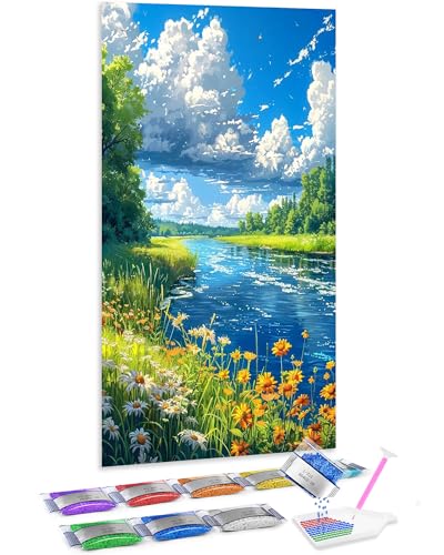 Jumpdot 5D Diamond Painting Zubehör DIY Full Groß Blumen und Fluss Wohnzimmer Dekoration Diamant Kunst Kit 70x40 cm von Jumpdot