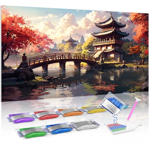 Jumpdot 5D Diamond Painting Zubehör DIY Full Groß Chinesische Gartenlandschaftsbrücke und Turm Room Decor Diamant Kunst Kit 70x40 cm von Jumpdot