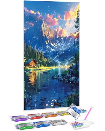 Jumpdot 5D Diamond Painting Zubehör DIY Full Groß Holzhaus am Seeufer und schneebedeckte Berge Haus Dekoration Diamant Kunst Kit 70x40 cm von Jumpdot