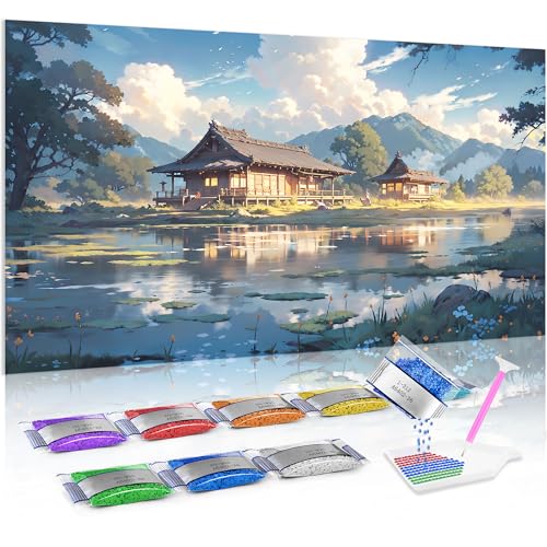 Jumpdot 5D Diamond Painting Zubehör DIY Full Groß Holzhaus am Teich Room Decor Diamant Kunst Kit 70x40 cm von Jumpdot